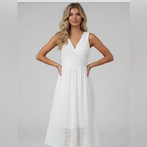 White Swiss Dot Ruched Bust Sleeveless A-line Dress